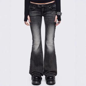 Women's black low-rise flare jeans with an ice-wash finish, full-length legs, and non-stretch denim fabric
