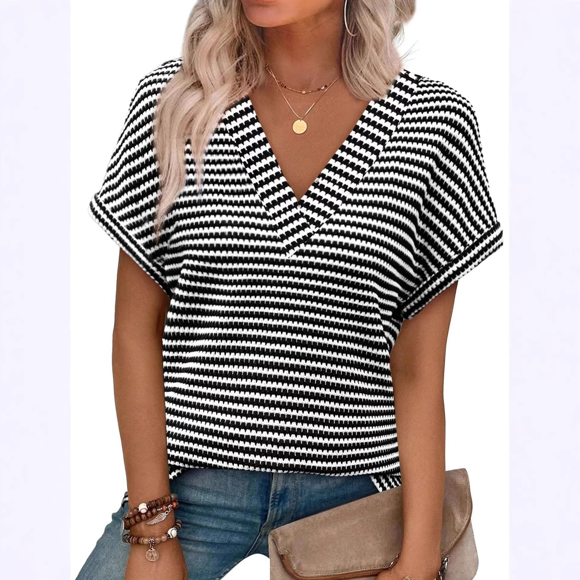 Women's V-Neck Color Block Knit Top – Three-Quarter Sleeve Button Pullover - Image 5
