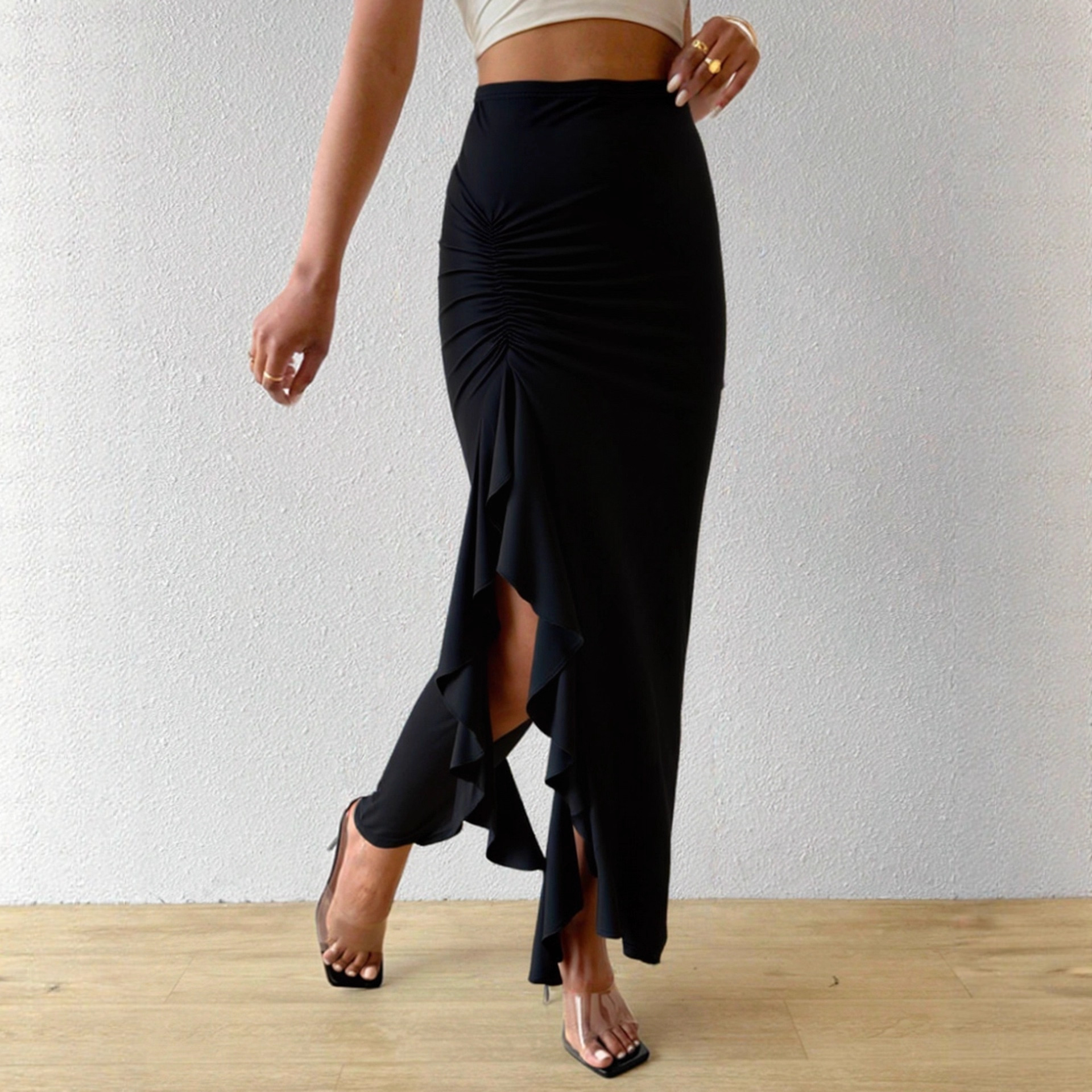 Irregular Ruffle Patchwork Midi Skirt for Women – Black High-Waisted Stretch Skirt - Image 2
