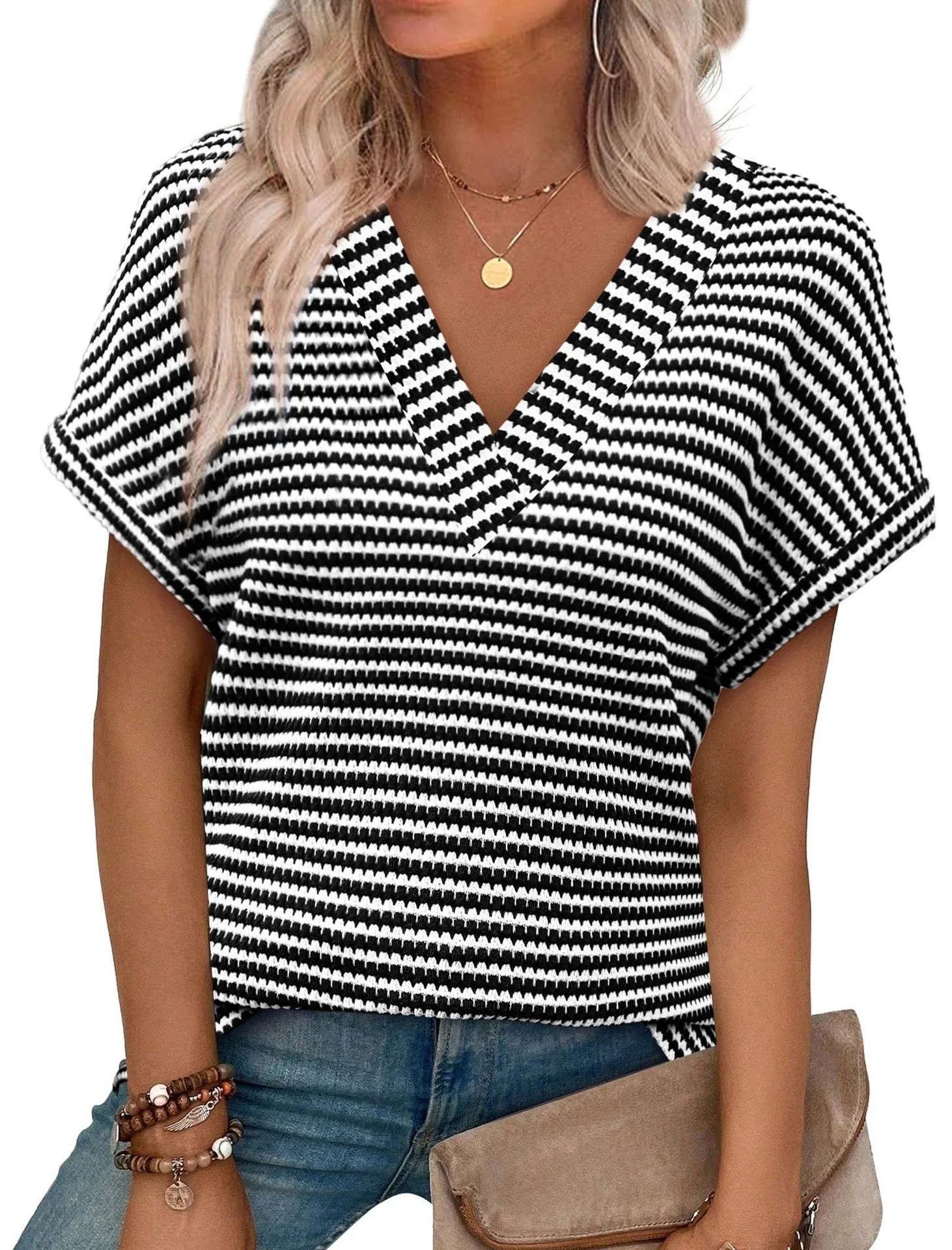 Women's V-Neck Color Block Knit Top – Three-Quarter Sleeve Button Pullover - Image 2
