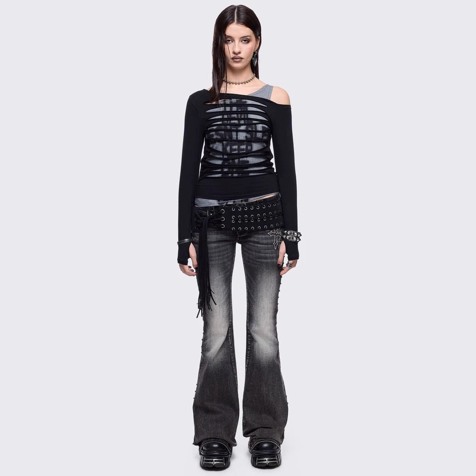Women's Black Ice Wash Flare Jeans – Low-Rise Non-Stretch Denim Pants - Image 5