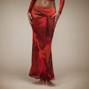 Women's retro printed bodycon maxi skirt in purple or red with a slim fit and moderate-stretch polyester fabric