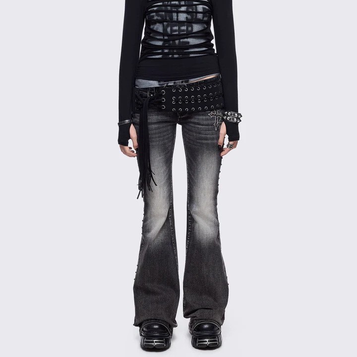Women's Black Ice Wash Flare Jeans – Low-Rise Non-Stretch Denim Pants - Image 3