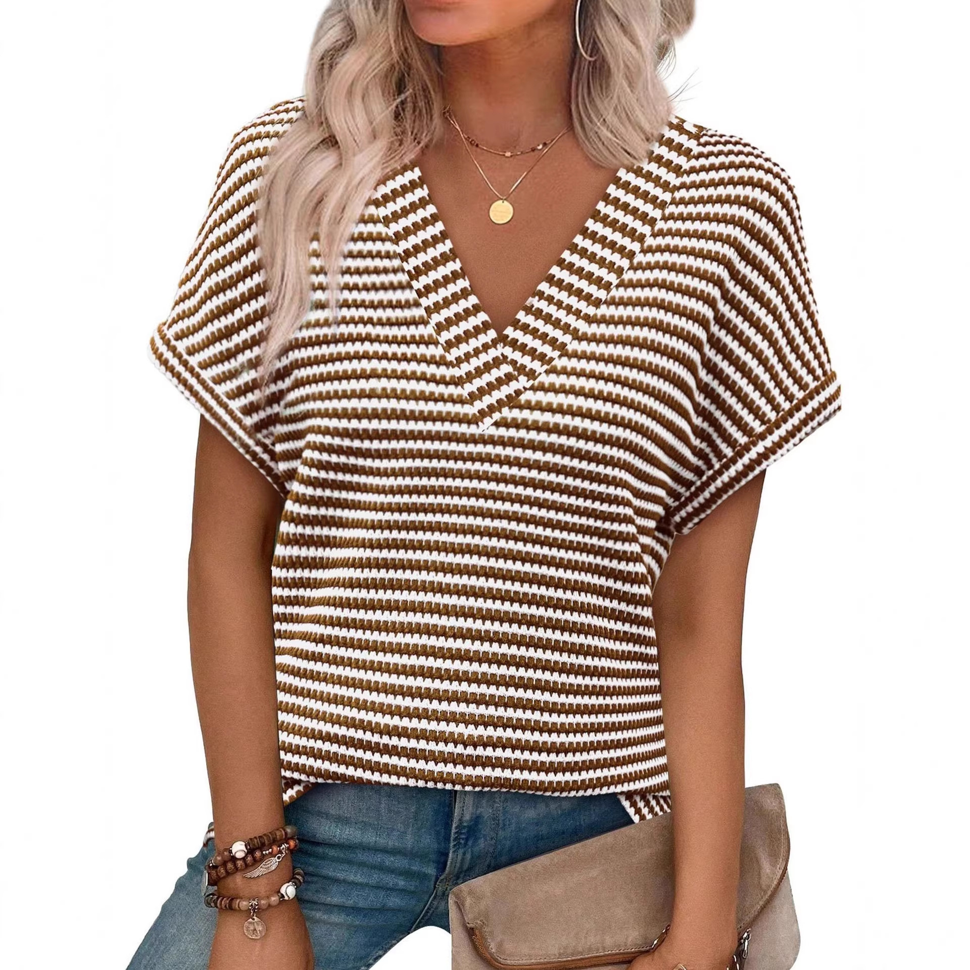 Women's V-Neck Color Block Knit Top – Three-Quarter Sleeve Button Pullover - Image 3