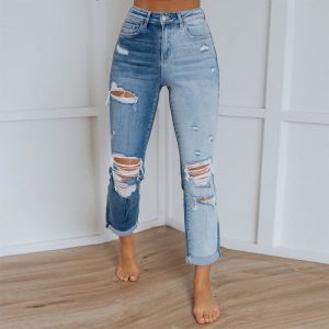 Women's gradient-wash ripped straight-leg jeans with a mid-rise waist and cotton denim fabric