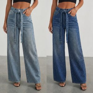 Women's high-waisted loose-fit wide-leg jeans in light blue or dark blue cotton denim, full-length design