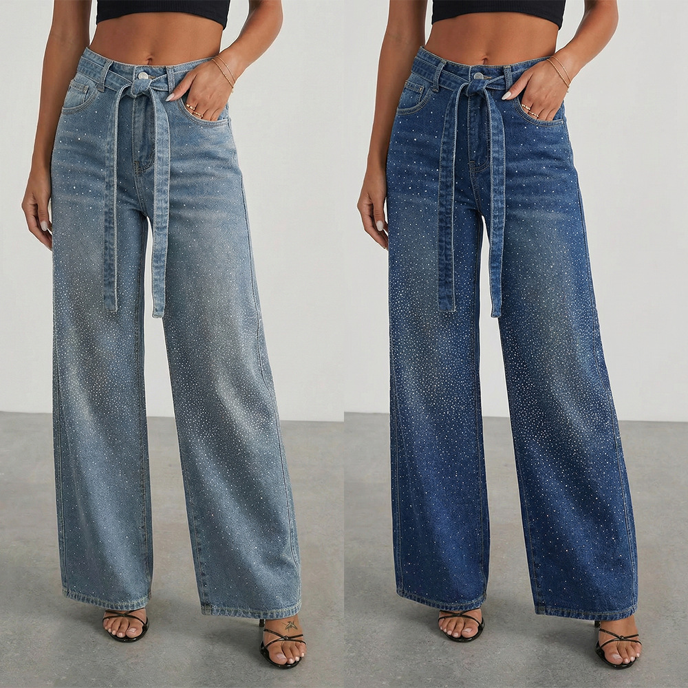 Women's high-waisted loose-fit wide-leg jeans in light blue or dark blue cotton denim, full-length design