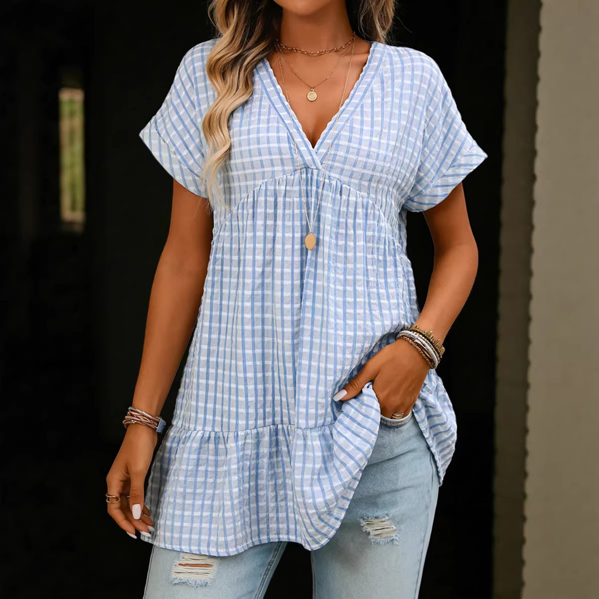 Women's Plaid Shirt Dress – Short Sleeve Loose-Fit Summer Dress with Ruffle Details - Image 8