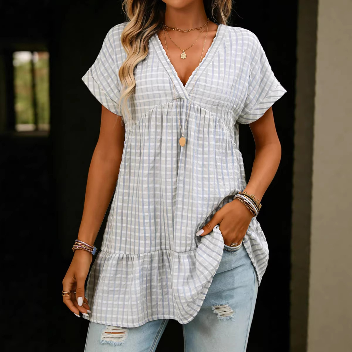 Women's Plaid Shirt Dress – Short Sleeve Loose-Fit Summer Dress with Ruffle Details - Image 7
