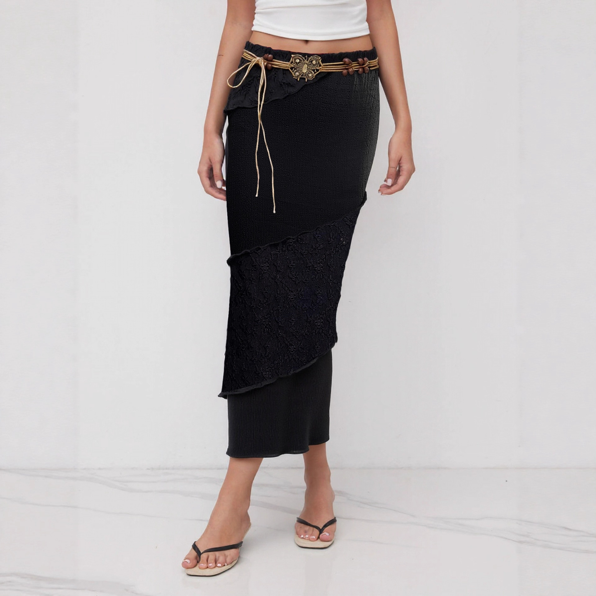 Black Midi Skirt for Women with Butterfly Waist Tie – Retro Woven Style - Image 4