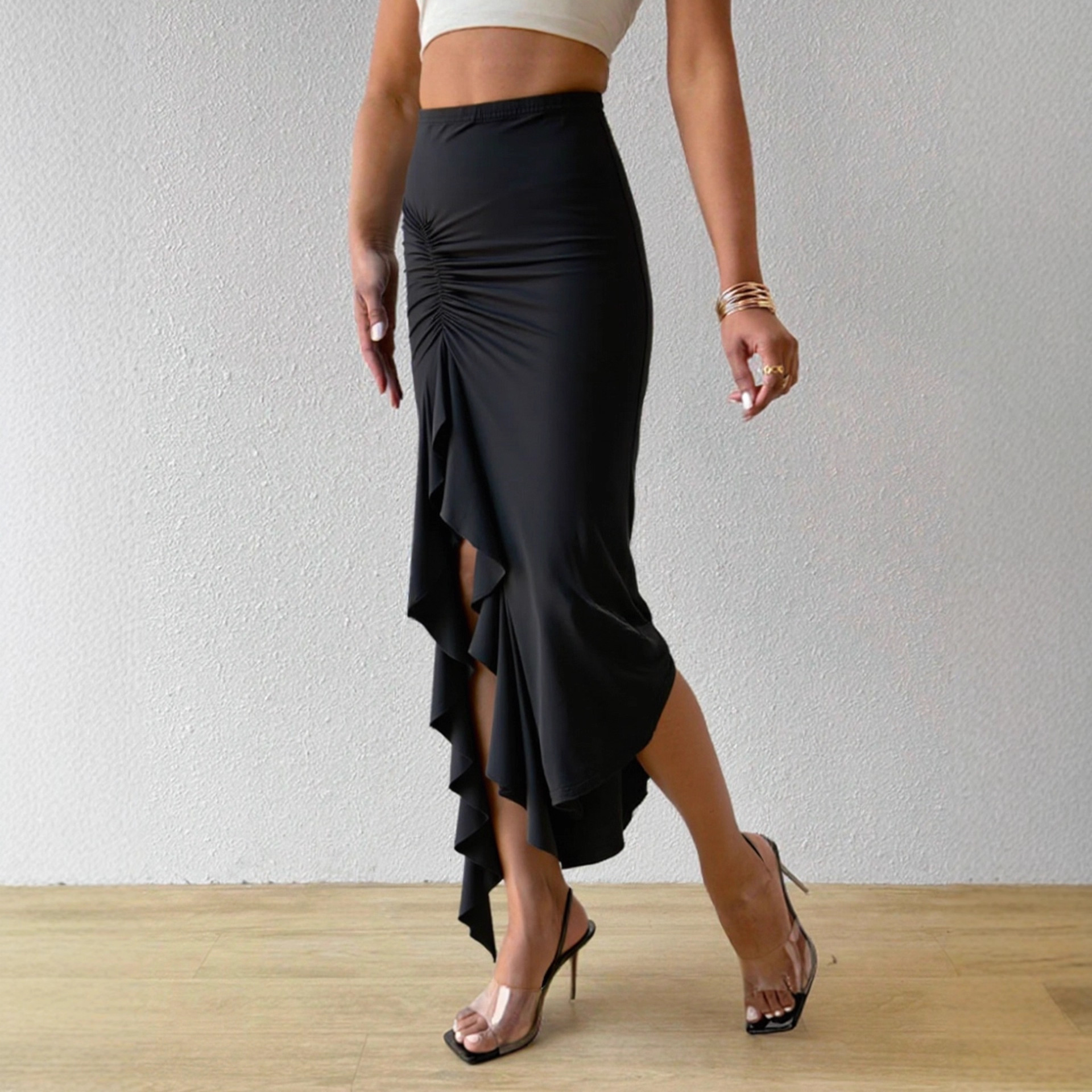 Irregular Ruffle Patchwork Midi Skirt for Women – Black High-Waisted Stretch Skirt - Image 4