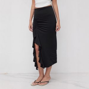 Irregular Ruffle Patchwork Midi Skirt for Women – Black High-Waisted Stretch Skirt