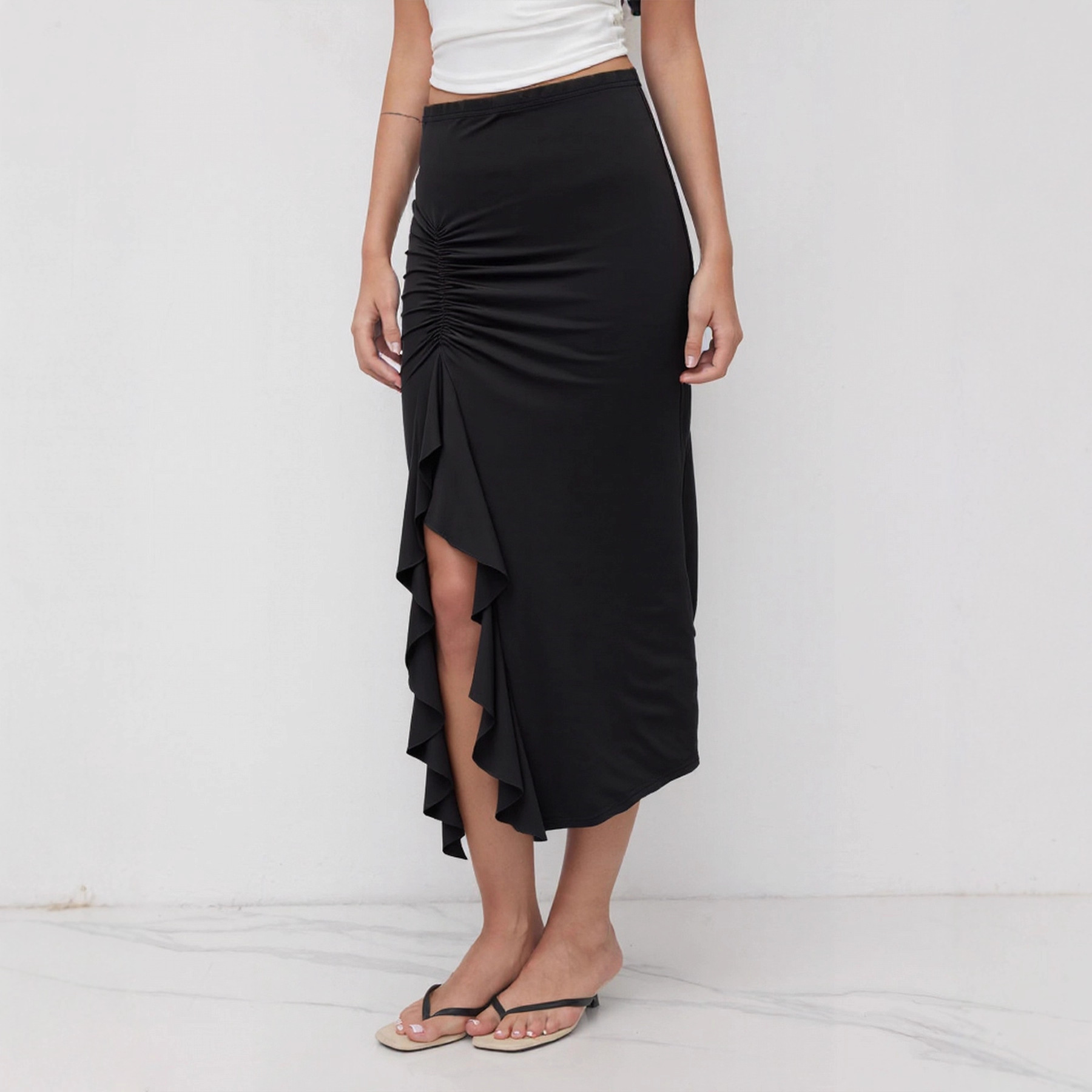Irregular Ruffle Patchwork Midi Skirt for Women – Black High-Waisted Stretch Skirt