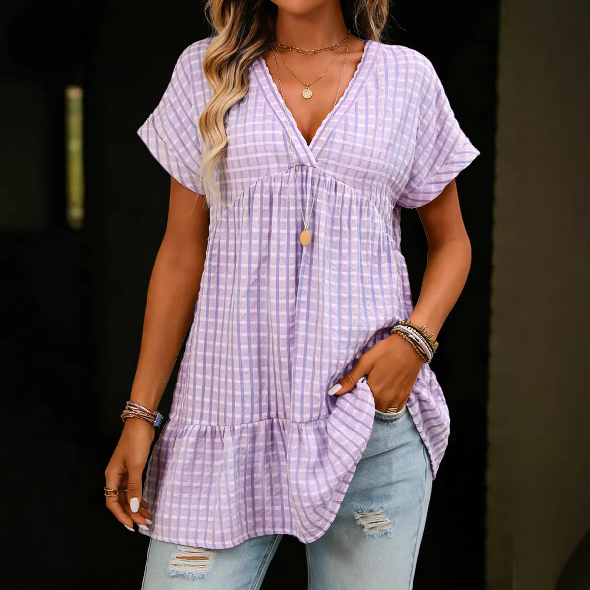 Women's Plaid Shirt Dress – Short Sleeve Loose-Fit Summer Dress with Ruffle Details - Image 3