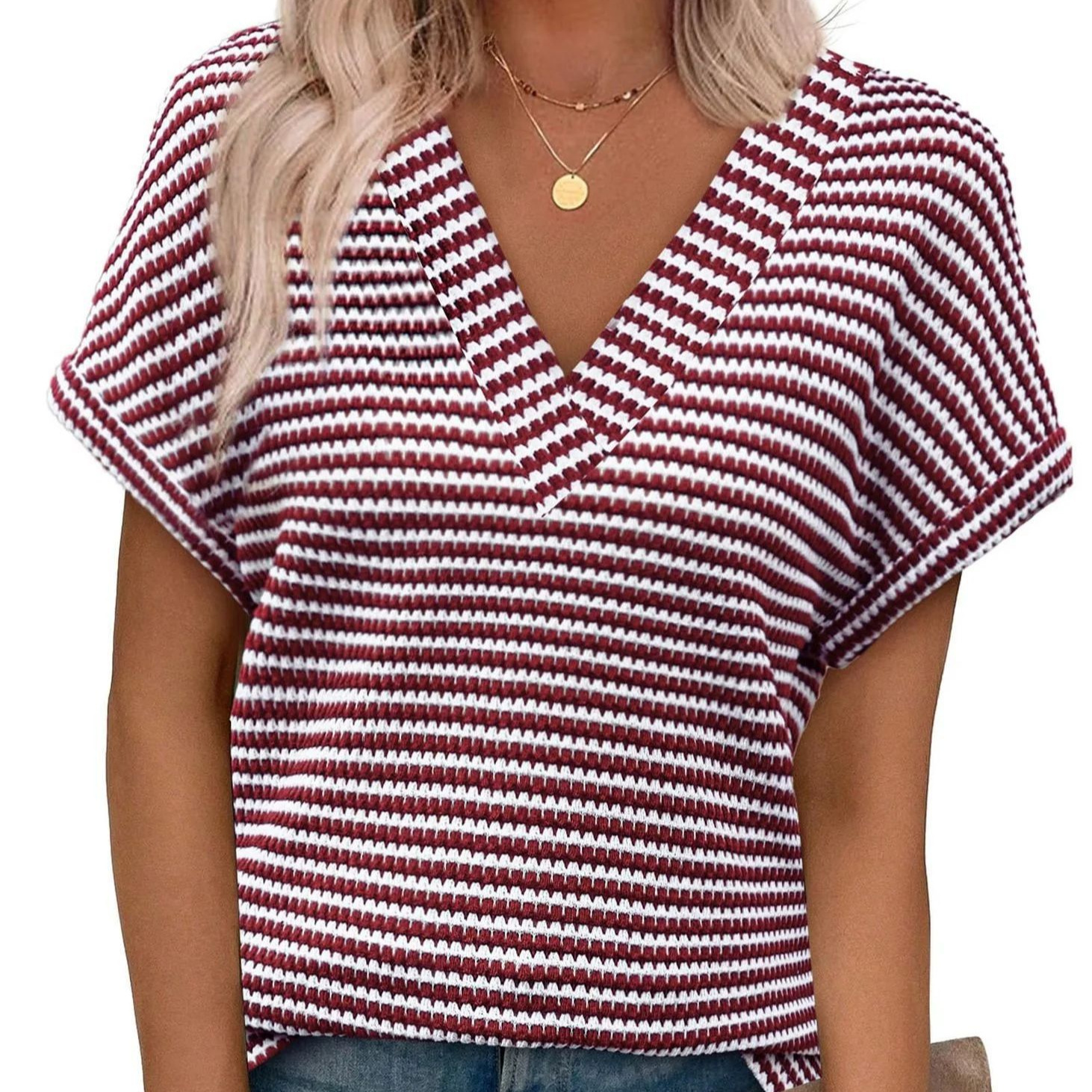 Women's V-Neck Color Block Knit Top – Three-Quarter Sleeve Button Pullover - Image 6